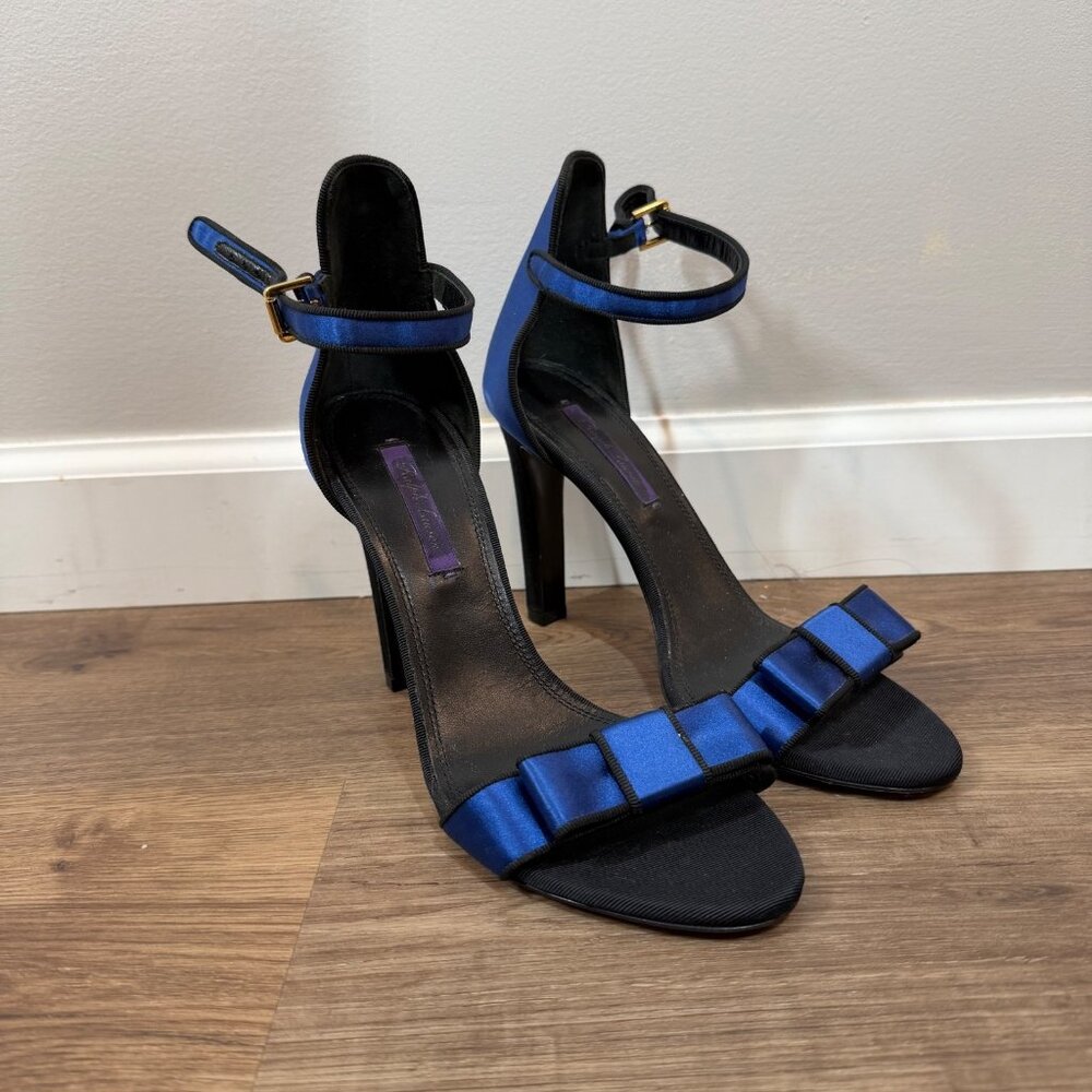Ralph Lauren Purple Label Blue Satin Ankle Strap Bow‎ High Heels 39.5 Made Italy